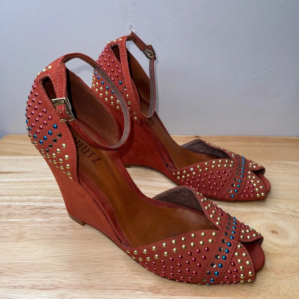 Schutz Burnt Orange Suede Studded Wedge Sandals Peep Toe Ankle Strap Size 9B